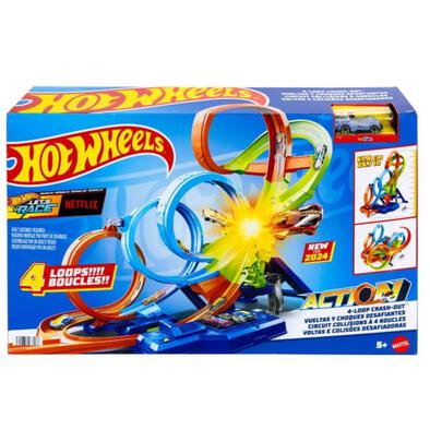 Hot Wheels Action 4-Loop Crash Out Track Set with Motorized Booster & 1:64 Scale Toy Car