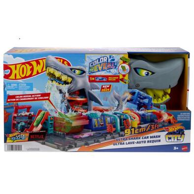 Hot Wheels City Ultra Shark Car Wash with Color Reveal Toy Car in 1:64 Scale